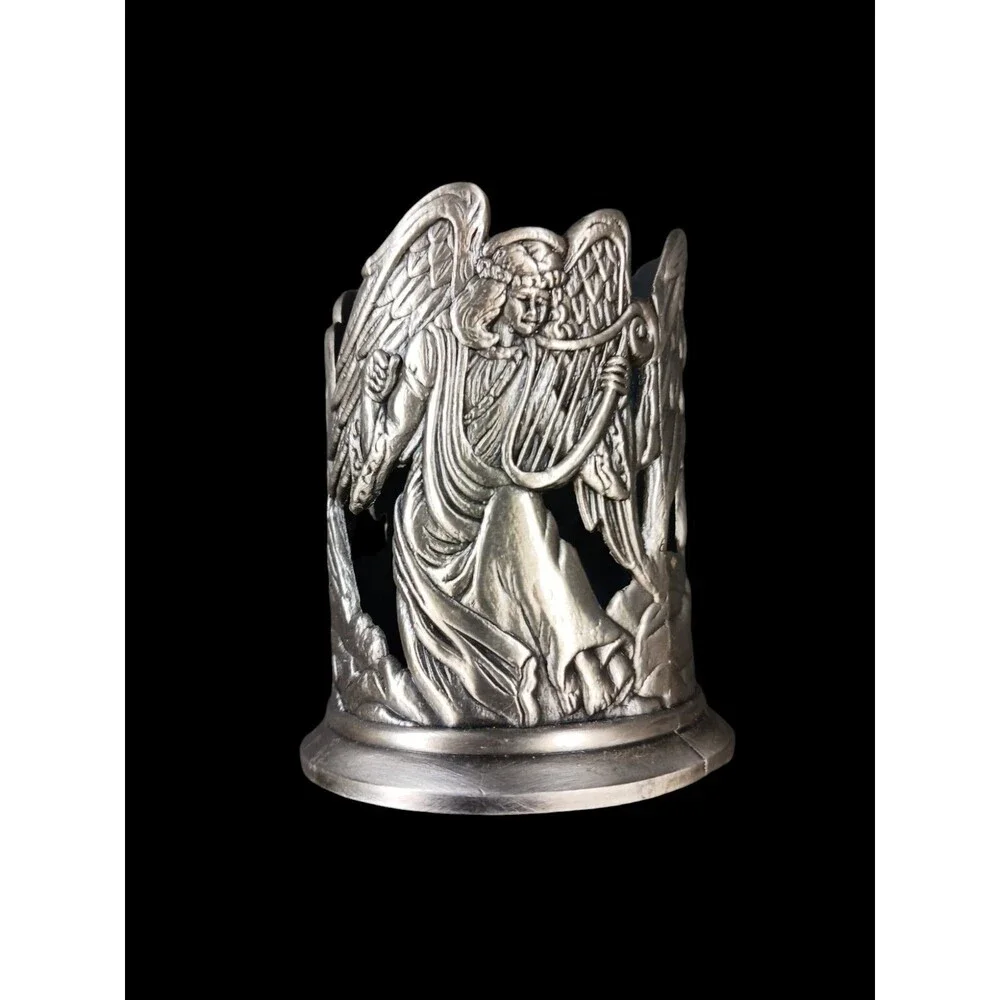 Pewter & Red Glass Votive Candle Holder Angels w/Musical Instruments 3